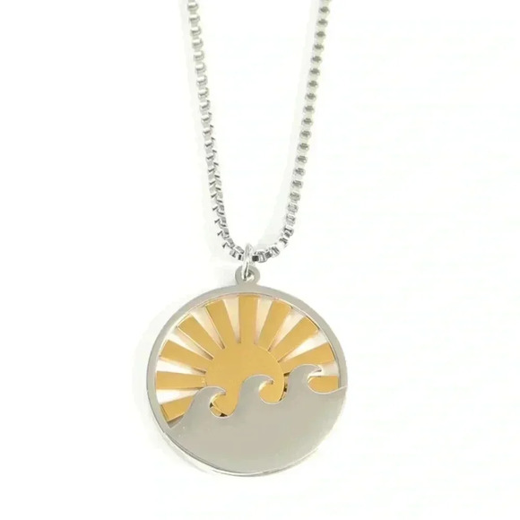 *NEW* 18K Gold Plated Stainless  Steel Sun & Waves Two Tone Necklace - Picture 3 of 7